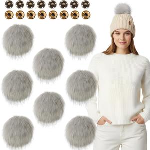 Juinte 8 Pcs 6 Inch Large Fur Pom Pom Balls for Hats Fluffy Faux Fur Pompom Balls with Snap Button for Hat Shoes Scarves Bag Charms DIY Crafts (Gray)