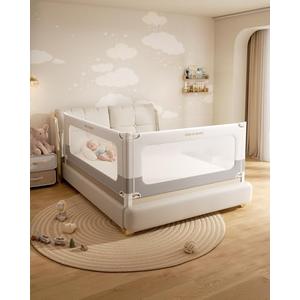 2 Piece Full Size Bed Rails for Toddlers, No-drill Needed Baby Bed Rail Guard with Height Adjustable, Thickened & Reinforced Child Safety Side Railing Guards/Bedrail for Kids, White/Grey, 54x74.8Inches