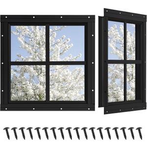 Shed Windows 2 Pack, Chicken Coop Windows 18" x 18" with Tempered Glass, Square Gable Flush Mounted Small Window for Shed, Playhouse, Household, Garage (Black)