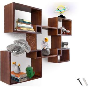 Comfify Modern Wall Mounted Square Shaped Floating Shelves  Set of 5 Square Shelves for Bathroom, Bedroom, Living Room & More  Rustic Wall Decor Display for Home - Brown