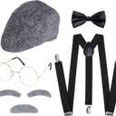 Old Man Costume Set 100 Days of School Grandpa Costume for Adults Newsboy Hat 1920s Accessories for Halloween