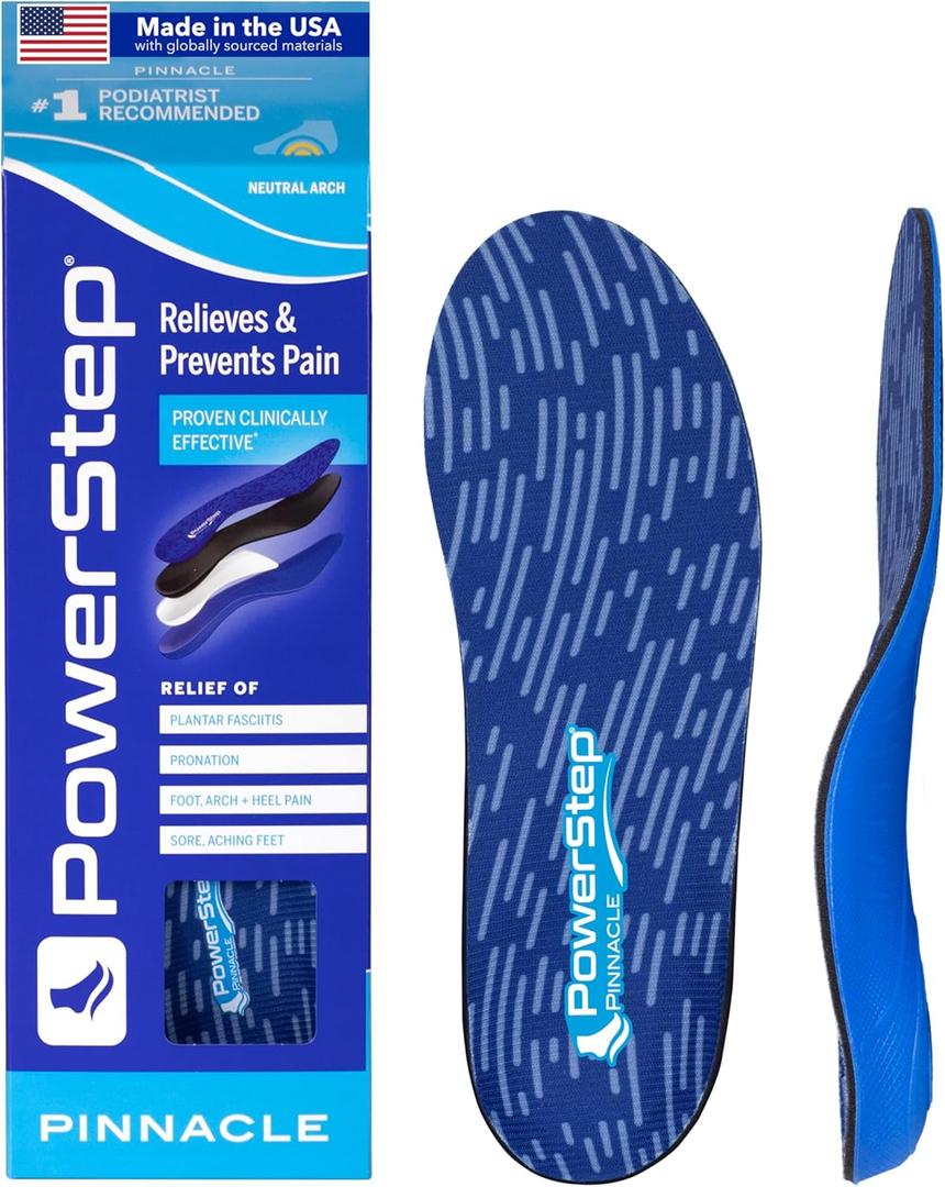 PowerStep Pinnacle Insoles, Orthotics for Plantar Fasciitis Relief, Made in USA Orthotic Insoles, Arch Support Inserts with Moderate Pronation, #1 Podiatrist Recommended (M 6-6.5, W 8-8.5)