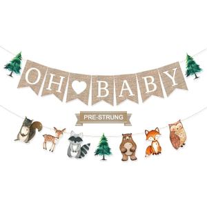 Pre-Strung 6ft Burlap Oh Baby Banner for Woodlands Baby Shower Decorations, Neutral Forest Animals Gender Reveal Party Decor, Multicolor