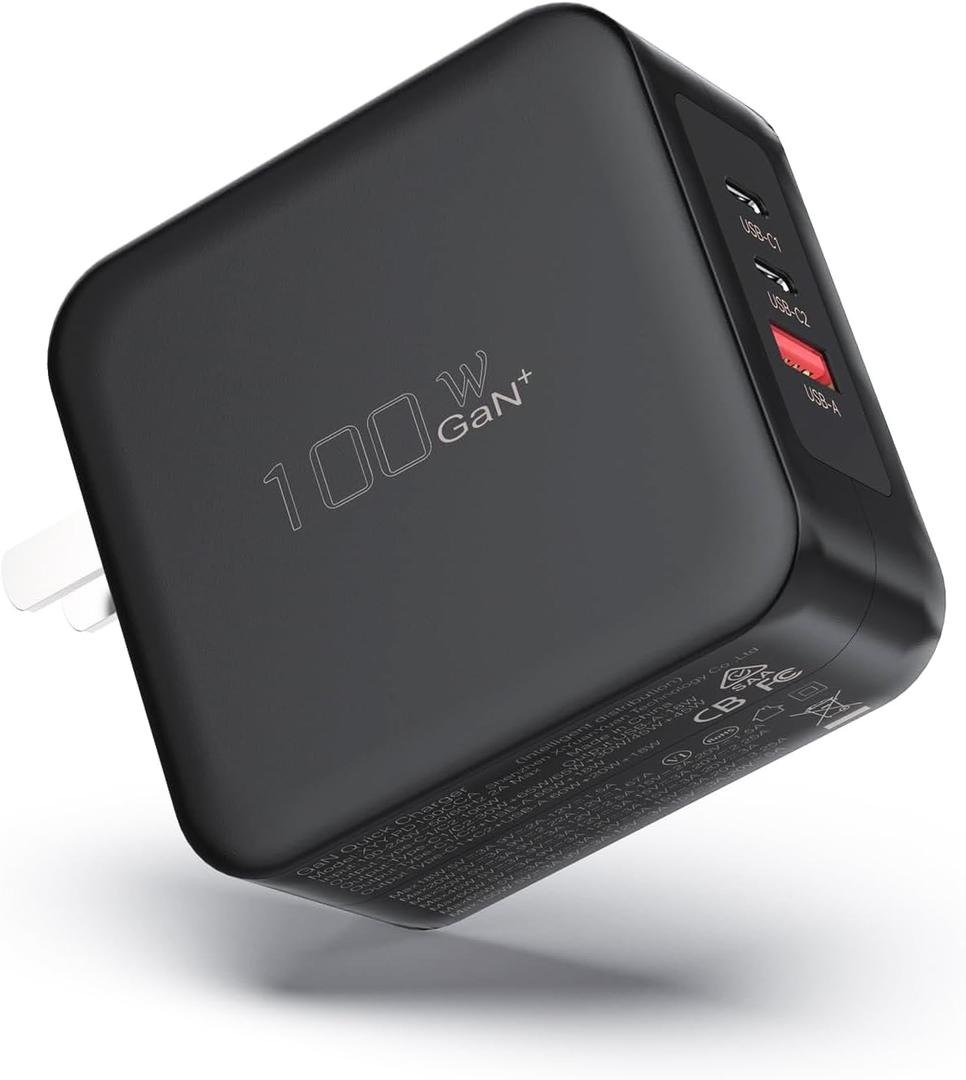 100W USB C Fast Charger, 3-Port GaN Wall Charger PD USB C and QC USB A Charger Adapter Super Fast Type C Charging for MacBook, iPad, iPhone 15 15 Pro, Galaxy S23 Ultra, Steam Deck, Dell XPS, Google