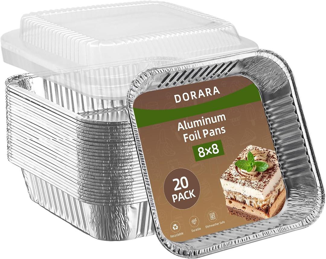 8x8 Square Aluminum Baking Cake Pans with Lids - 20 Pack Foil Pan For Cooking, Heating, Baking Cakes, Storing, Roasting or Homemade Breads - Aluminum Baking Pans Disposable - Bottom: 6.5x6.5