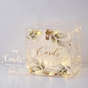 Acrylic Wedding Card Box with Lock Clear Large Green Leaf Card Box with Cards Sign String Light and Screwdriver for Letter Envelope Wedding Reception Baby Shower Party Graduation Decor