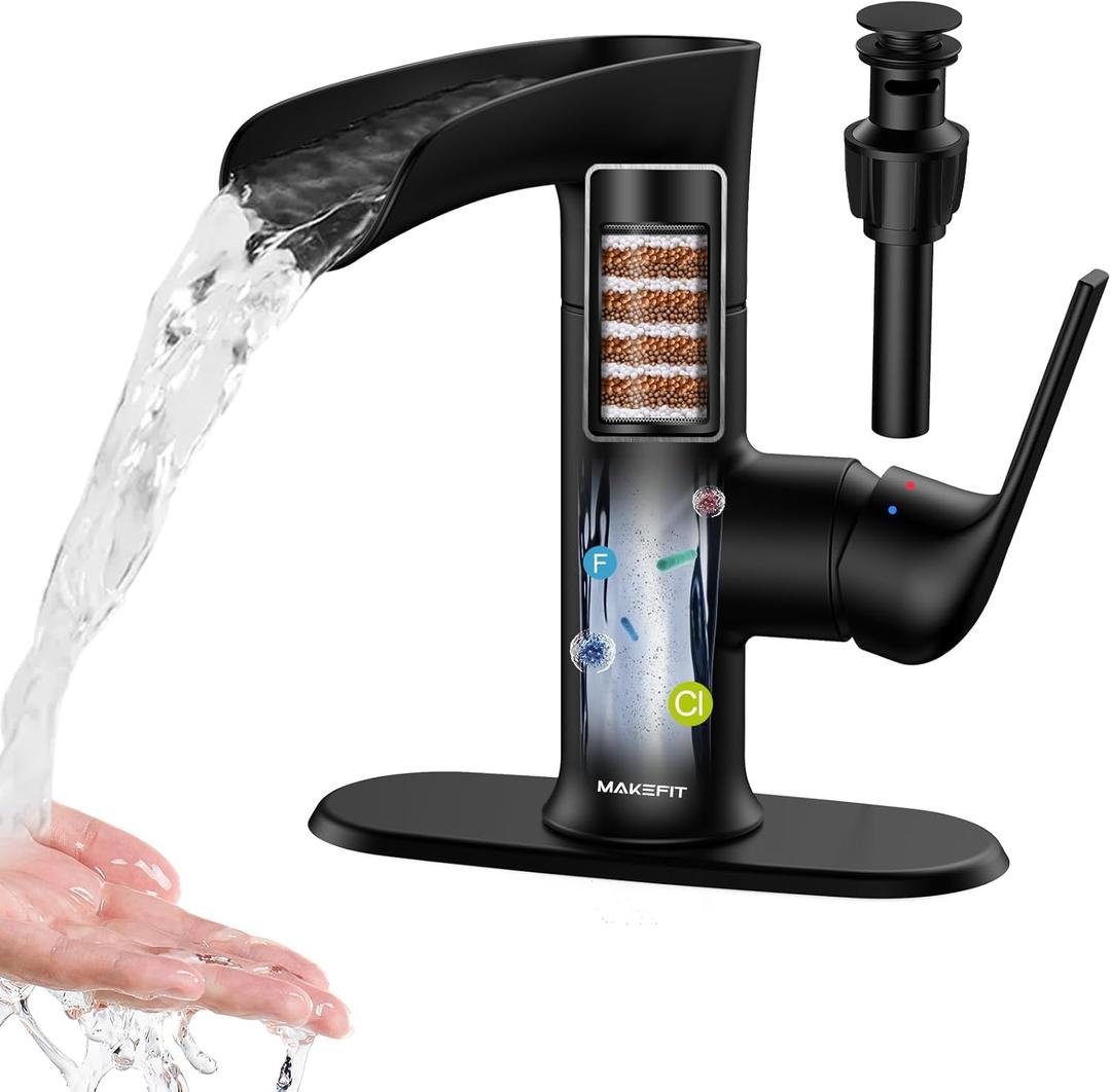 MakeFit Bathroom Faucets, Waterfall Sink Faucet with Hard Water Filter, Black Rv Bathroom Sink Faucet with 360° Swivel Spout for 1-Hole or 3-Hole, Single Handle Bathroom Sink Faucet with Pop Up Drain