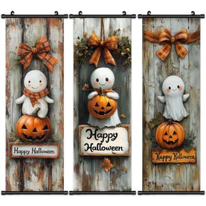 Pennimor 3Pcs Vintage Halloween Wall Art, Haunted Mansion Decor 15.8x47.2in Cute Ghost Pumpkin Wooden Horror Poster Porch Door Sign Welcome Banner Indoor Outdoor Wall Home Party Supplies