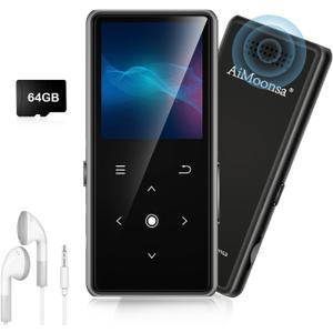 64GB MP3 Player with Bluetooth 5.2, AiMoonsa Music Player with Built-in HD Speaker, FM Radio, Voice Recorder, HiFi Sound, E-Book, Earphones Included (Black)