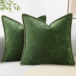 decorUhome Chenille Soft Spring Throw Pillow Covers 18x18 Set of 2, Farmhouse Velvet Decorative Pillow Covers with Stitched Edge for Couch Sofa Bed, Forest Elf (18" x 18" (Pack of 2))
