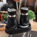2 PCS - Stainless Steel and Glass Salt and Pepper Shaker Sets with Holder (BLACK)