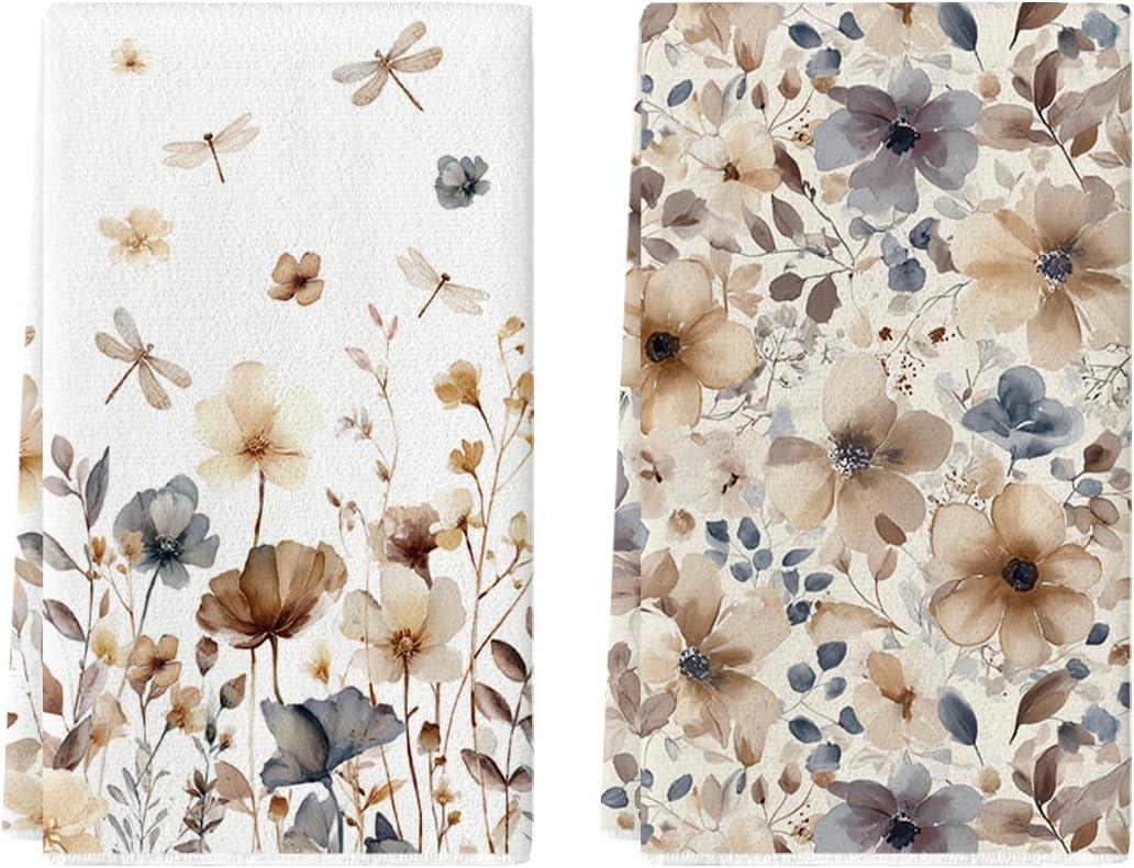 Artoid Mode Poppy Dragonfly Spring Kitchen Towels Dish Towels, 18x26 Inch Farmhouse Summer Decoration Cleaning Set of 2