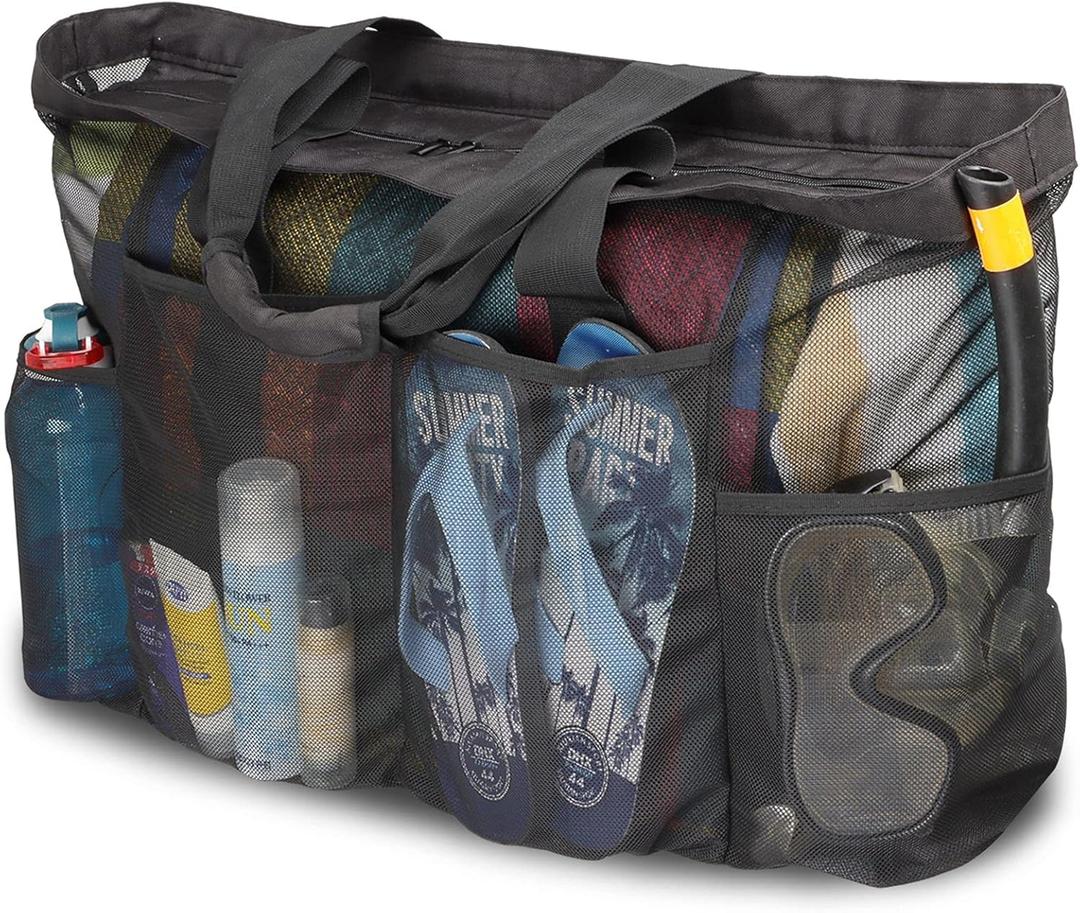 Extra Large Beach Bag Mesh Tote with Zipper and Pockets Ideal for Your Family Cruise/Beach Vacation Essentials (Black)