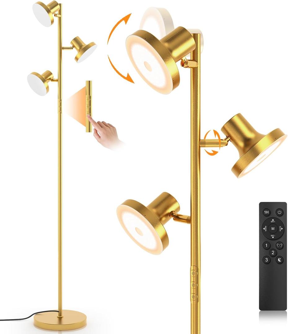 36W LED Tree Floor Lamp, Modern Dimmable Standing Lamp with Remote & Touch Control, 4 Color Temperatures, 3 Rotatable LED Light Floor Lamps for Living Room, Bedroom, Office (Gold)