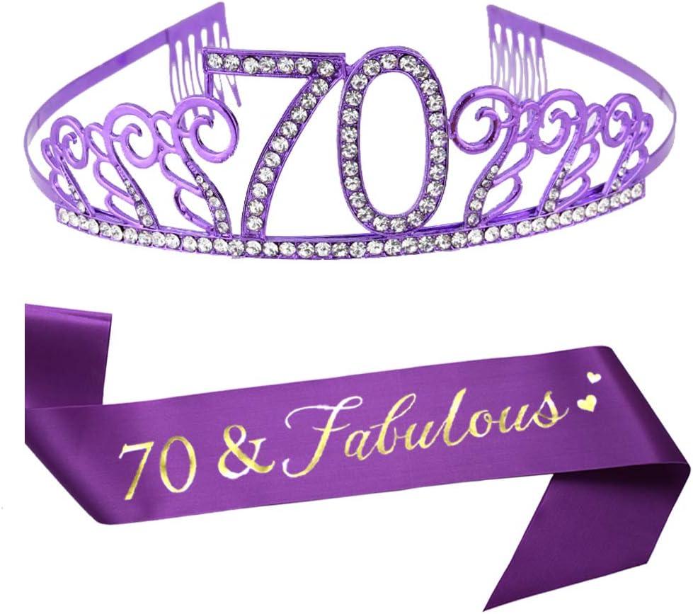 Purple Tiara and Sash - Satin Sash and Crystal Rhinestone Birthday Crown for 70th Birthday Party Supplies, Favors, Decorations, Gifts, Cake Topper