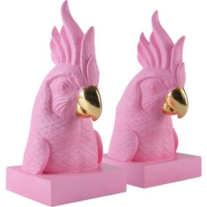 Pink Parrot Decorative Bookends,Set of 2 Cute Bird Animal Sculpture Book Ends to Hold Hevay Duty Books,Unique Resin Statues Book Stopper for Home Office Desk Bookshelf Decor
