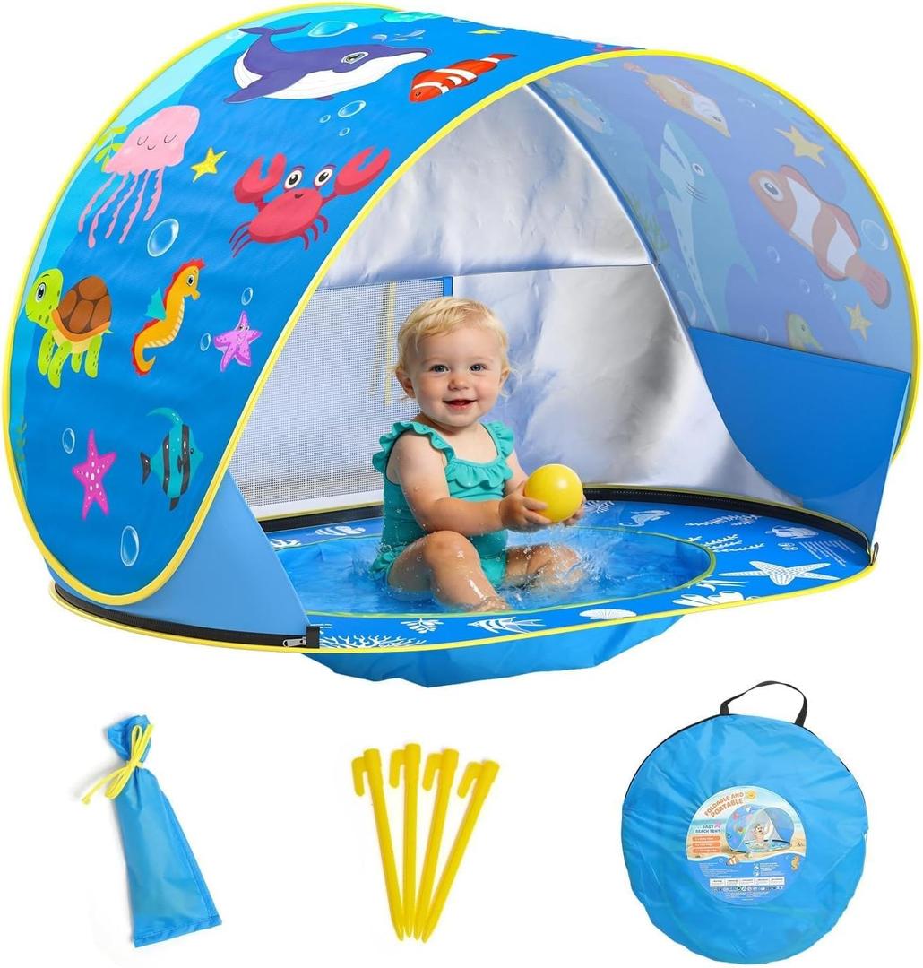Baby Beach Tent with Pool, Pop Up Beach Tent UV Protection Sun Shelter for Infant Toddlers, Portable Shade Pool Tents Baby Beaches Essentials with Carry Bag for Outdoor, Travel, Camping, 47" L x 29" W x 33" H