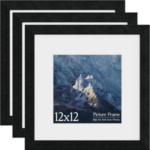 12x12 Square Picture Frame 3 Pack, Solid Real Wood Grain, 12x12 Without Mat, Wall Gallery Poster Frames, Black