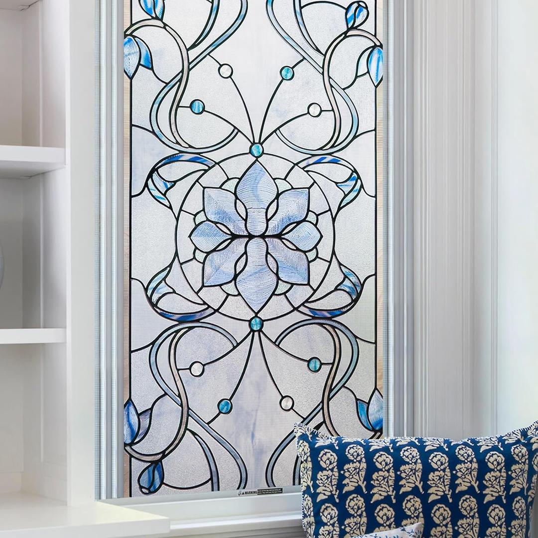 3D Stained Glass Window Privacy Film, Heat Control UV Blocking Static Cling Decorative Window Film for Bathroom,Front Door,Home Non Adhesive,23.6 x 35.4 inches Azure Bloom