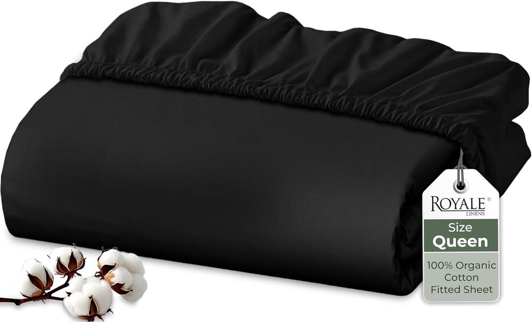 Royale Linens 100% Organic Cotton Fitted Sheet - Percale Weave - Super Soft Deep Pocket Bottom Sheets - Black Elastic Sheet Queen Size - Queen Fitted Sheets Only - (60"x80"+15", Black)