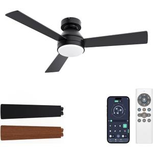 VOLISUN Ceiling Fan with Lights, 42 inch Low Profile Ceiling Fan with Light and Remote, Reversible, 3CCT, Dimmable, Noiseless, Black Flush Mount Ceilings Fans for Bedroom, Indoor/Outdoor, Black 