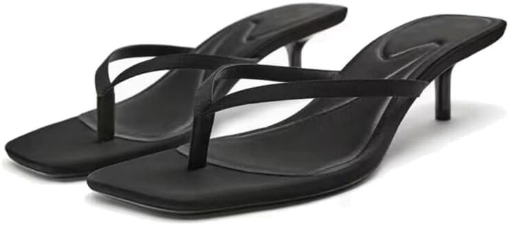 Women's Miami Kitten Heels Sandals Square Open Toe Thong Sandal Flip Flop Heels +Memory Foam Heeled Sandals for Women (7, Fabric Black)