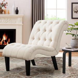 Yongqiang Accent Chair for Bedroom Living Room Chairs Tufted Upholstered Lounge Chair with Wood Legs Linen Fabric (Cream)