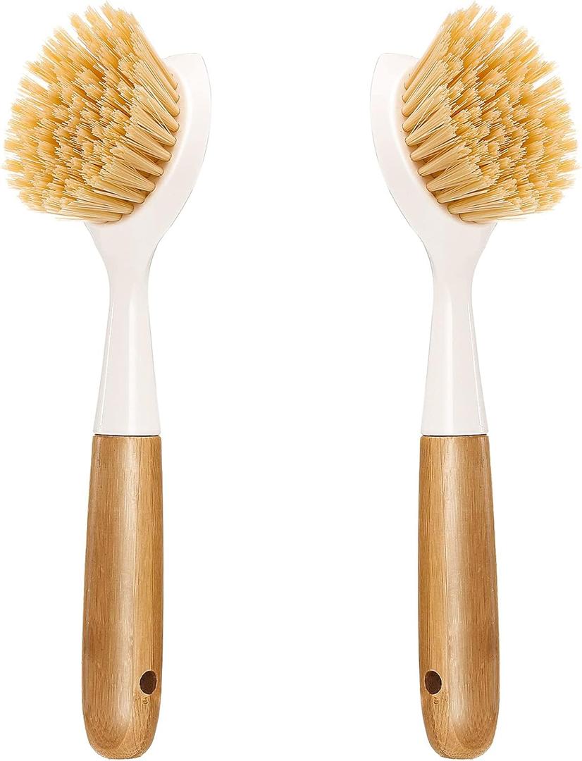 2 Pack Kitchen Dish Brush Bamboo Handle Dish Scrubber Built-in Scraper, Scrub Brush for Pans, Pots, Kitchen Sink Cleaning, Dishwashing and Cleaning Brushes are Perfect Cleaning Tools, White