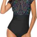 Wolddress Women Modest One Piece Bathing Suit Short Sleeve Tummy Control Swimsuit Zipper Surfing Athletic Rash Guard (Large, Figure Black)