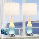 BesLowe 26in Tall Glass Table Lamps Set of 2 with 2 USB Charging Ports & LED Nightlight, Large Coastal Table Lamps for Living Room End Table, Modern Beach Lamps for Bedroom Bedside Nightstand, Blue