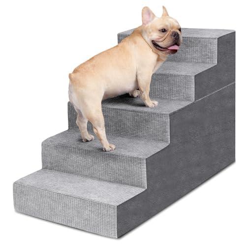 Heeyoo Dog Stairs for Small Dogs,5Step Dog Steps for High Bed and Couch, HighDensity Foam Pet Steps with Supporting Board, NonSlip Removable Washable Cover, Grey