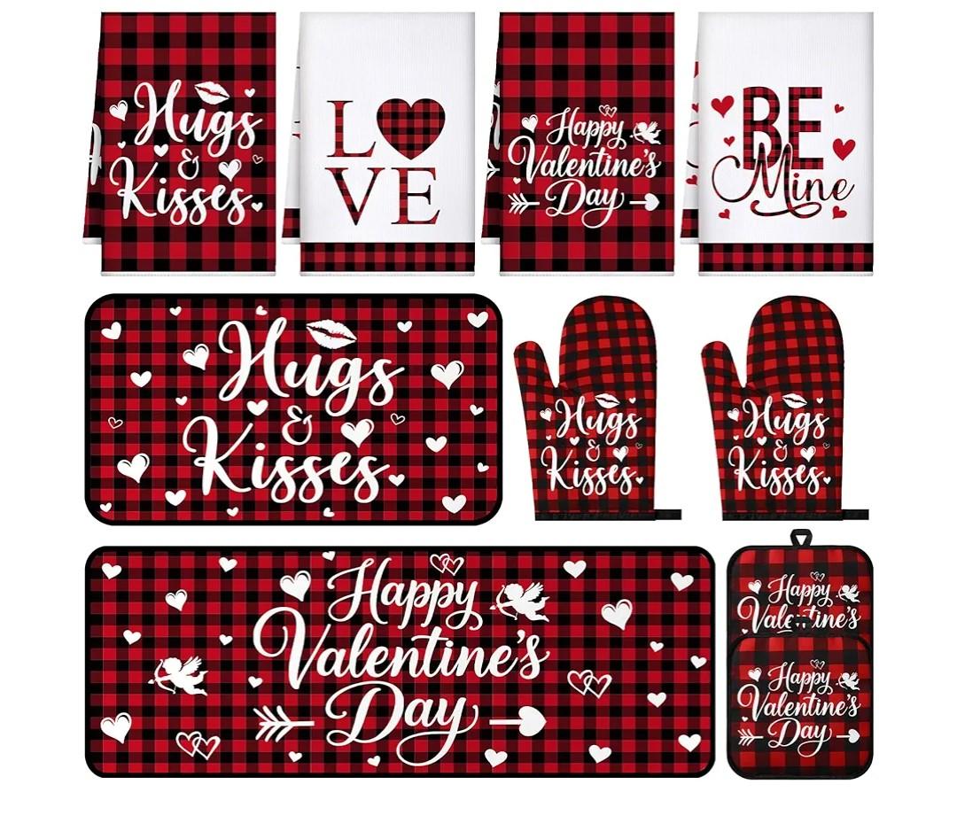 VitalCozy 10 Pcs Valentine's Day Buffalo Plaid Kitchen Decor Set Oven Mitts and Pot Holders Heart Kitchen Towels and Rugs for Chef Baking Cooking Grilling BBQ Gift