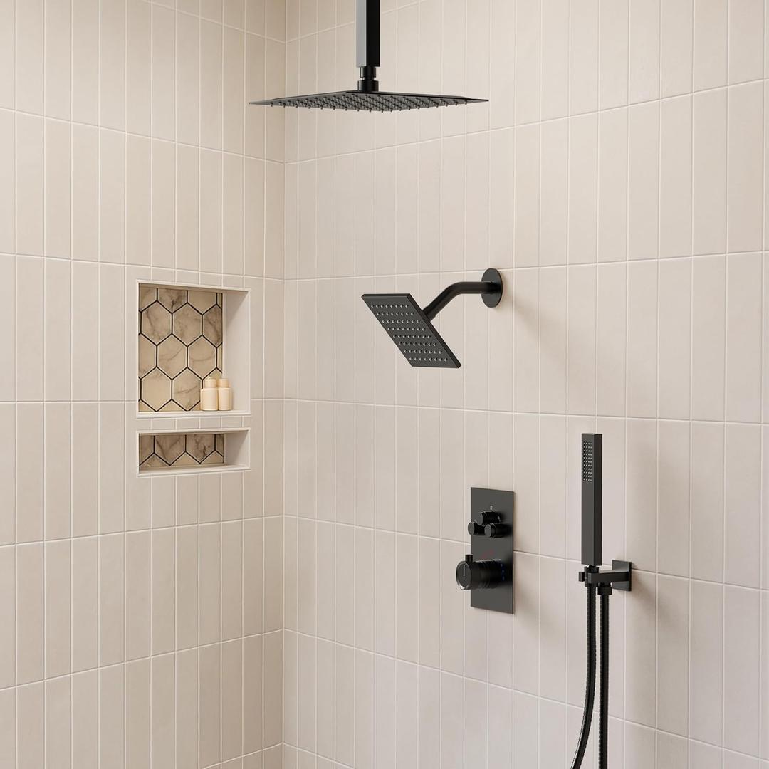 Ceiling Mount 12" High-Pressure Rainfall Shower Faucet, Dual Rainfall Shower Head System with Valve (Matte Black)