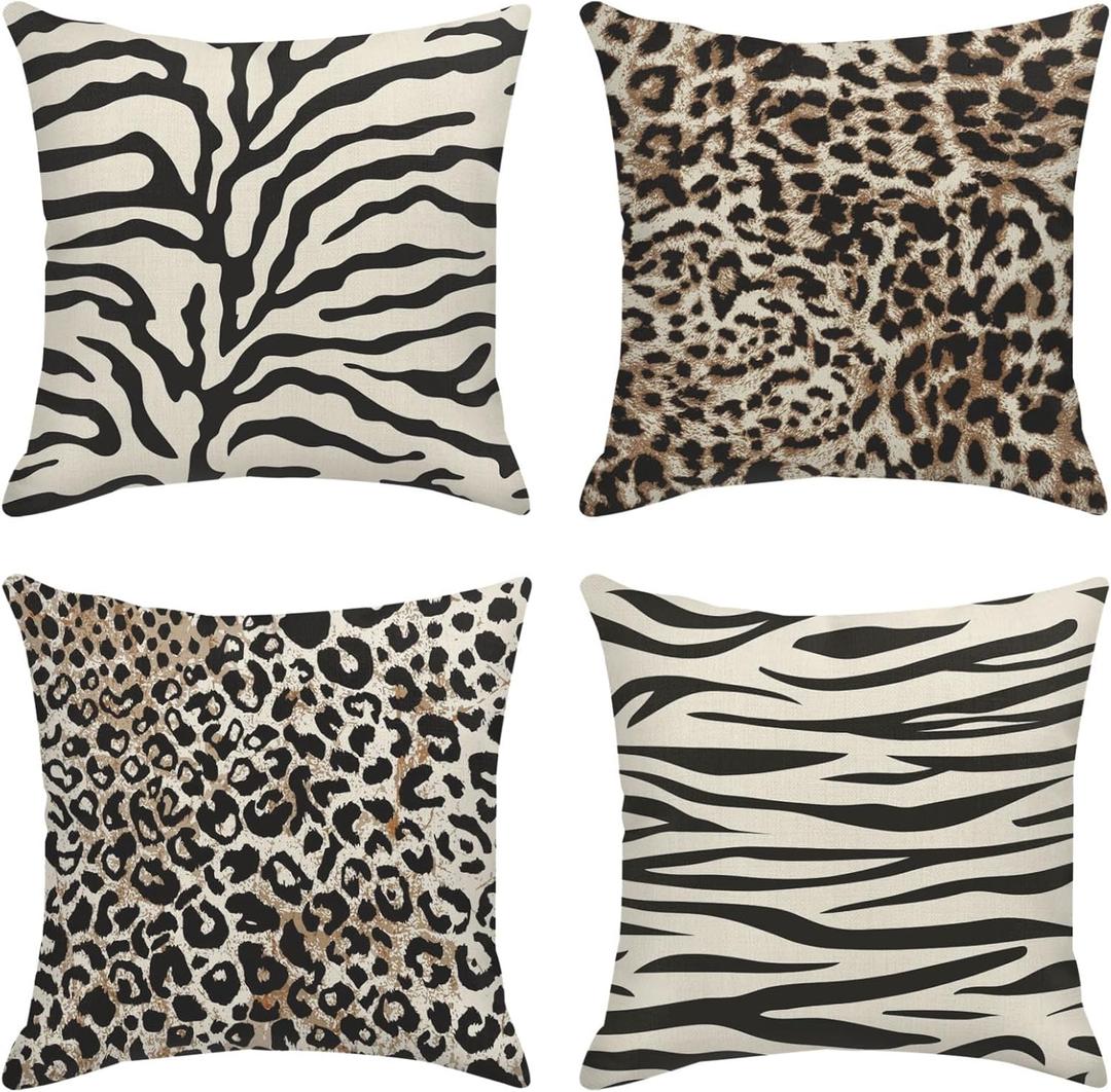 Sanwarm Throw Pillow Covers Home Decor Set of 4 Animal Leopard Brown Safari Abstract Pillow Cases Decorative 18 x 18 Inches Outdoor Cushion Couch Sofa Pillowcases