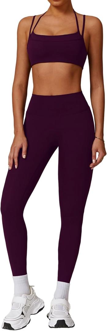 Two Piece Workout Sets For Women Sport Bra Matching High Waist Scrunch Butt Leggings Gym Yoga Active Wear Outfits (Medium, Purple)