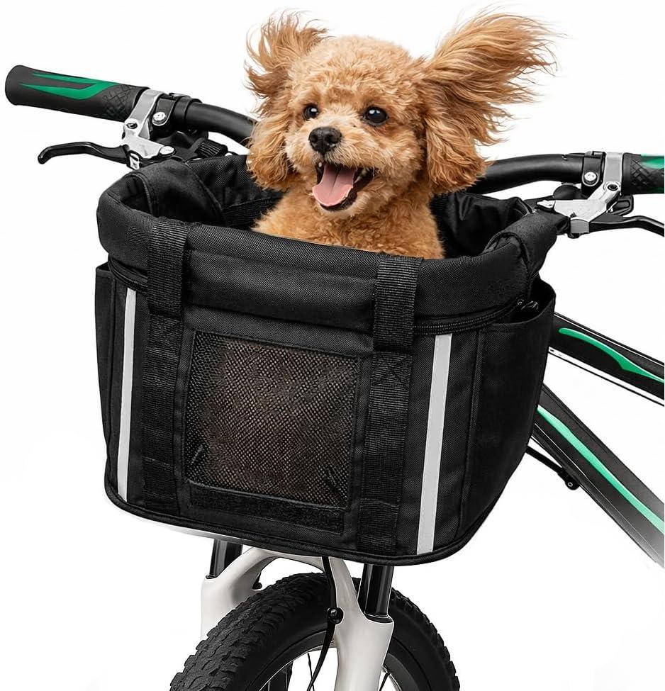 ANZOME Bike Basket, Folding Small Pet Cat Dog Carrier Front Removable Bicycle Handlebar Basket Quick Release Easy Install Detachable Cycling Bag Mountain Picnic Shopping