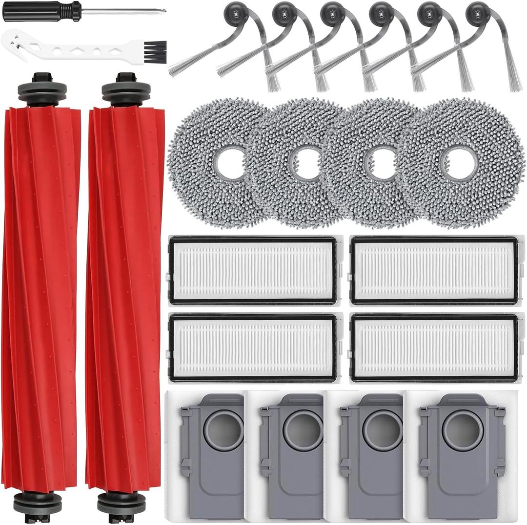22 Pack Replacement Accessories Kit Compatible with Roborock QV 35A/QV 35S Robot Vacuum, 2 Main Brush, 6 Side Brush, 4 HEPA Filter, 4 Mop Pads, 4 Dust Bag