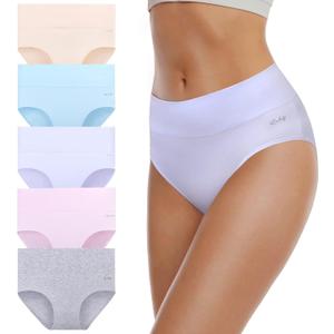 coskefy Women's High Waisted Cotton Underwear Soft Breathable Panties Stretch Briefs Ladies Panties 5 Pack (Medium, Light Color)