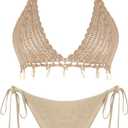 ZAFUL Women Bikini Set Boho Shell Tassel Crochet Tie Swimwear Halter Cheeky Swimsuit Bathing Suit (Medium, 0451-khaki)