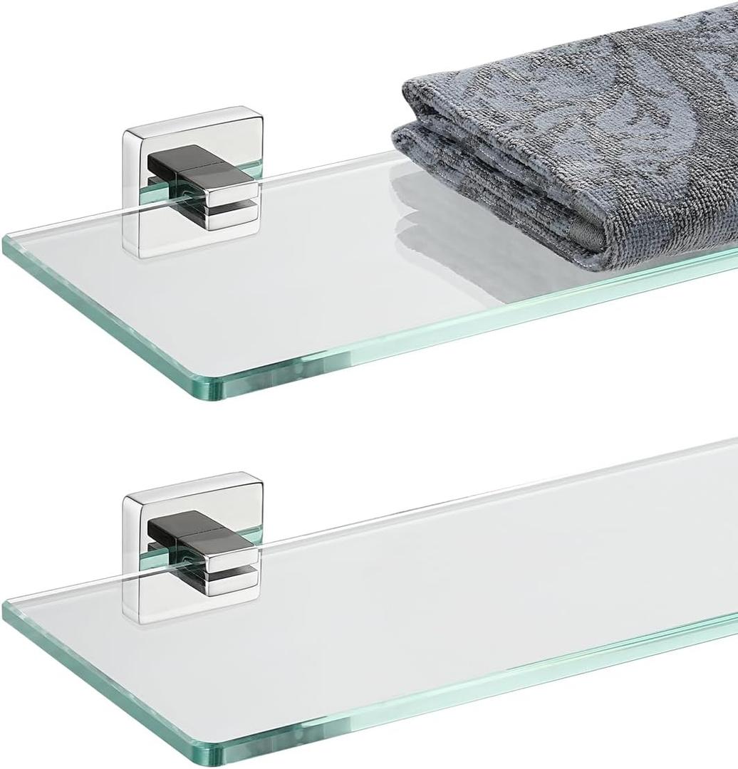 JQK Bathroom Glass Shelf, Floating Tempered Glass Shower Storage 12 by 5 inches, 304 Stainless Steel Polished Chrome Wall Mount 2 Pack, TGS201L12-CH-P2