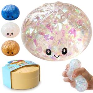 Dumpling Squishies with Steamer Box, Cute Bao Bun Squeeze Toy, Colorful Dumpling Stress Balls Sensory Fidget Toy for Stress Relief, Stretchy Desk Toy, Party Favor Gift for Teens & Adults (White)