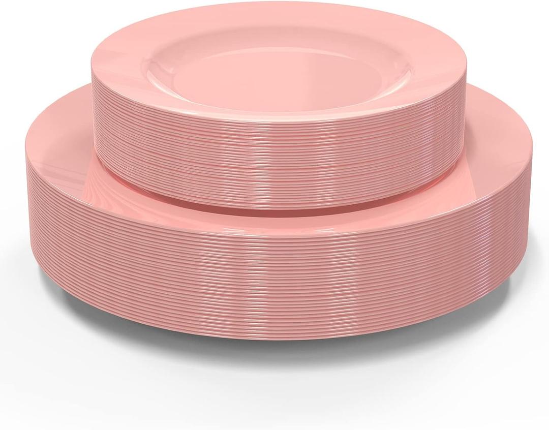POSATE Plastic Plates Disposable 60 PCS, Heavy Duty 30 Dinner Plates 10.25" and 30 Dessert Plates 7.5" for Party, Pink