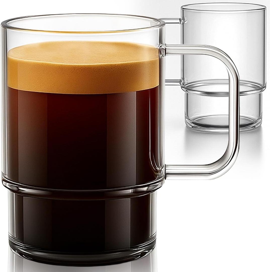 Aquach 22oz Stackable Glass Mugs with Handle, Set of 2 - Large Clear Coffee Cups for Latte, Cappuccino, Mocha, Americano, and Tea