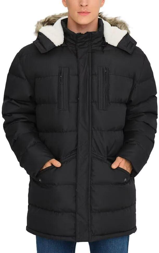 Men's Long Winter Coats Warm Water Resistant Puffy Hooded Windbreaker Insulated Thicken Jackets with Hood (Black, XXXL)