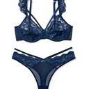 Avidlove Lace Ruffle Two Piece Lingerie Sets Women Wireless Breathable Bra and Thong Sets, Navy Blue, XL