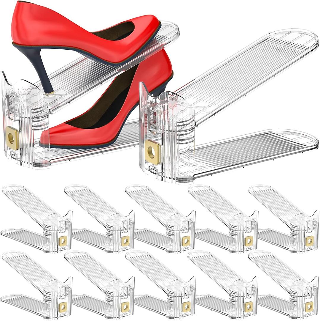 Shoe Slots Organizer,Adjustable Shoe Stackers, 5 Pack Shoe Space Savers,Double Layer Shoe Riser Shoe Slot,Shoe Storage Holder for Closet,Transparent