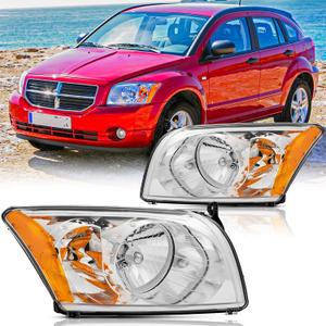 Headlights Assembly Pair for 2007 2008 2009 2010 2011 2012 Dodge Caliber Headlamps Replacement Driver and Passenger Side,Chrome Housing Amber Reflector