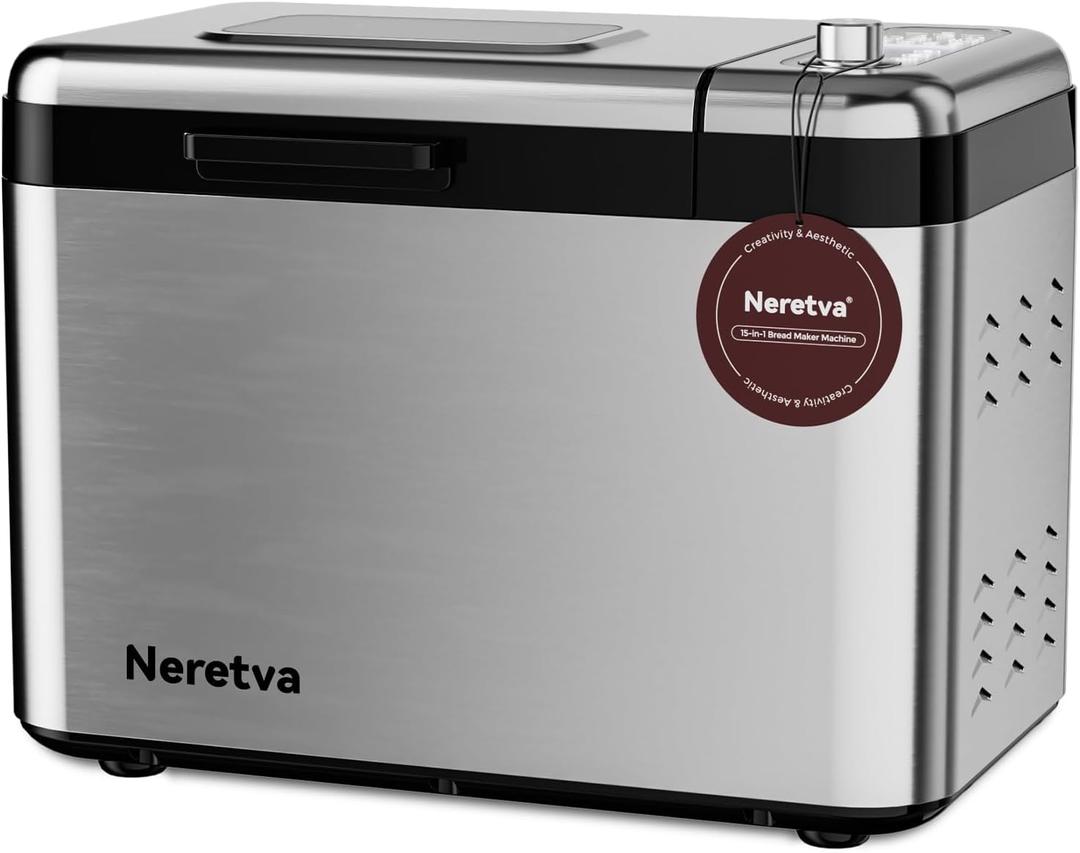 Neretva Bread Maker, 3.3LB Larger Bread Machine 15-in-1 Stainless Steel & Nonstick Ceramic Pan & Auto Nut Dispenser Breadmaker Machines Full Touch Panel with Gluten Free White Wheat Rye French Pizza (Silver)