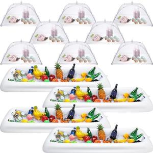 Lewtemi 4 Pcs Inflatable Serving Bars and 12 Pieces Food Umbrella Mesh Cover Collapsible Food Tent Inflatable Cooler with Drain Plug Drink Salad Buffet Tray for Indoor Outdoor Party BBQ Pool (White)