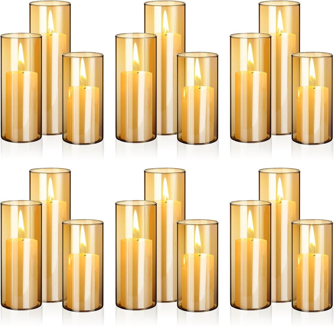 Shihanee 36 Pcs Pillar Candles and Glass Cylinder Vases Tall Cylinder Holders for Pillar Candles Wedding Centerpieces, Total 18 Sets(2.6'' X 4.7'', 5.9'', 7.9'',Amble,Ivory White)
